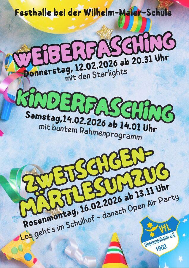 Bunt gestaltetes Veranstaltungsplakat mit Informationen zu Weiberfasching, Kinderfasching und Zwetschgenmärzlesumzug.