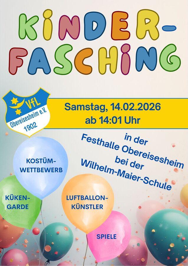 Bunt gestaltetes Plakat für den Kinderfasching mit Informationen zu Datum, Uhrzeit und Aktivitäten wie Kostümwettbewerb und Spiele.