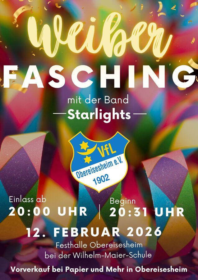 Plakat für Weiberfastnacht mit Veranstaltungshinweisen und Bandlogo der Starlights in buntem, festlichem Design.