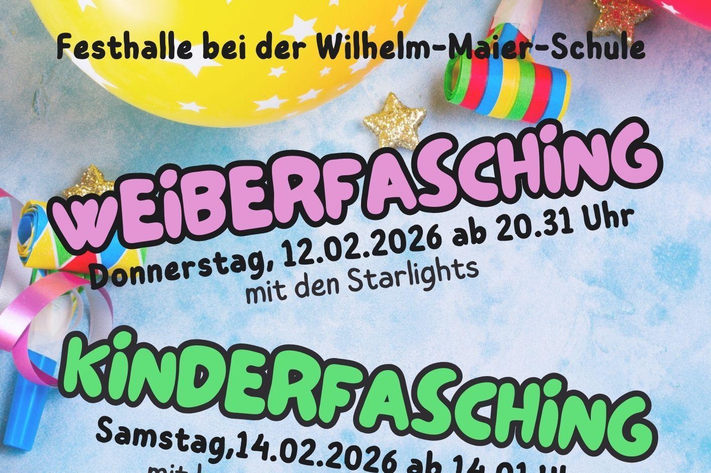 Bunt gestaltetes Veranstaltungsplakat mit Informationen zu Weiberfasching, Kinderfasching und Zwetschgenmärzlesumzug.
